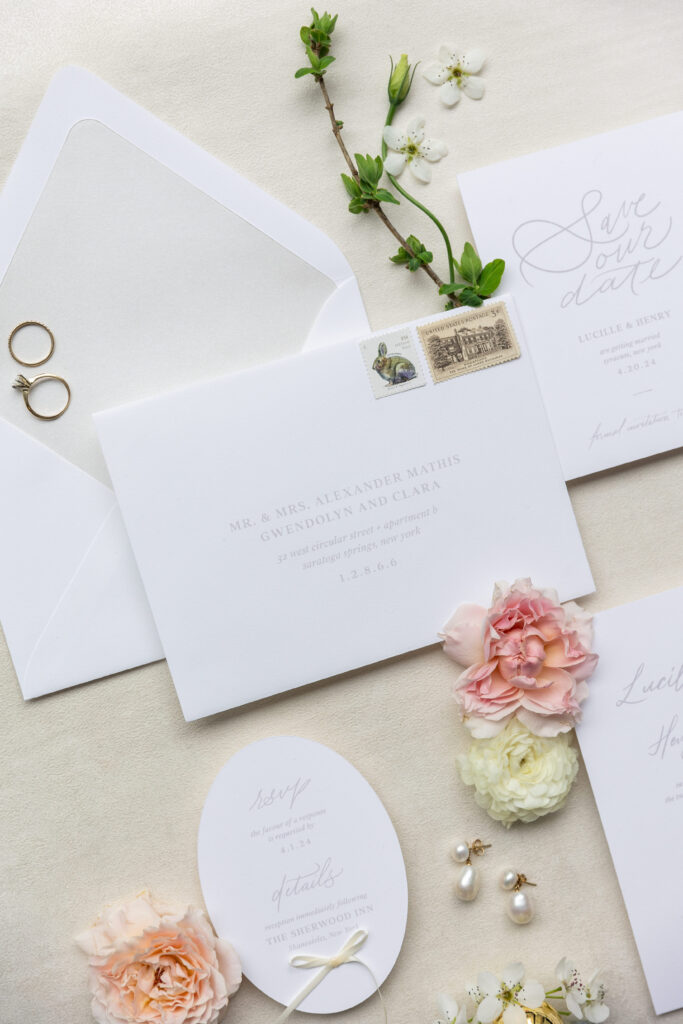 Bridal florals, details and stationary at a spring wedding in Upstate New York.