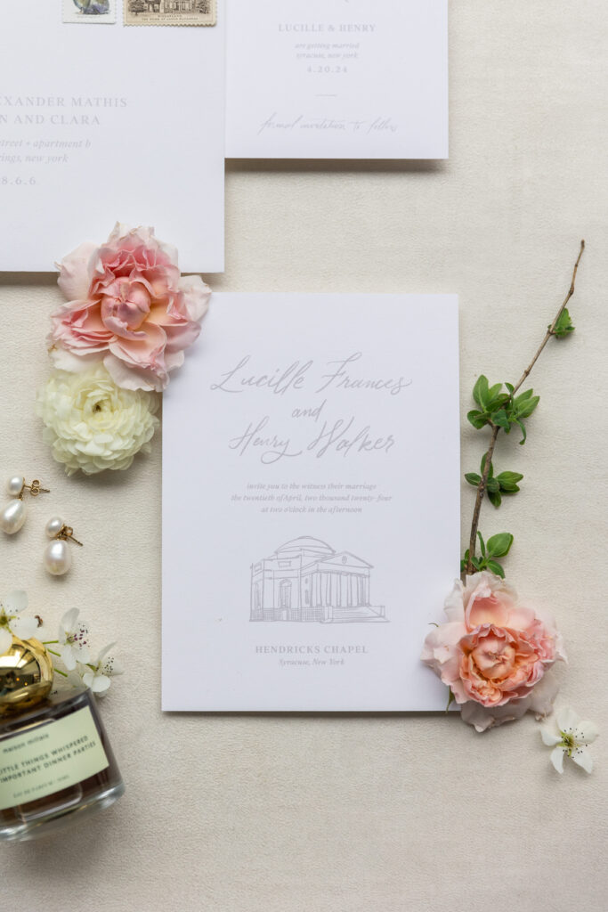 Bridal florals, details and stationary at a spring wedding in Upstate New York.