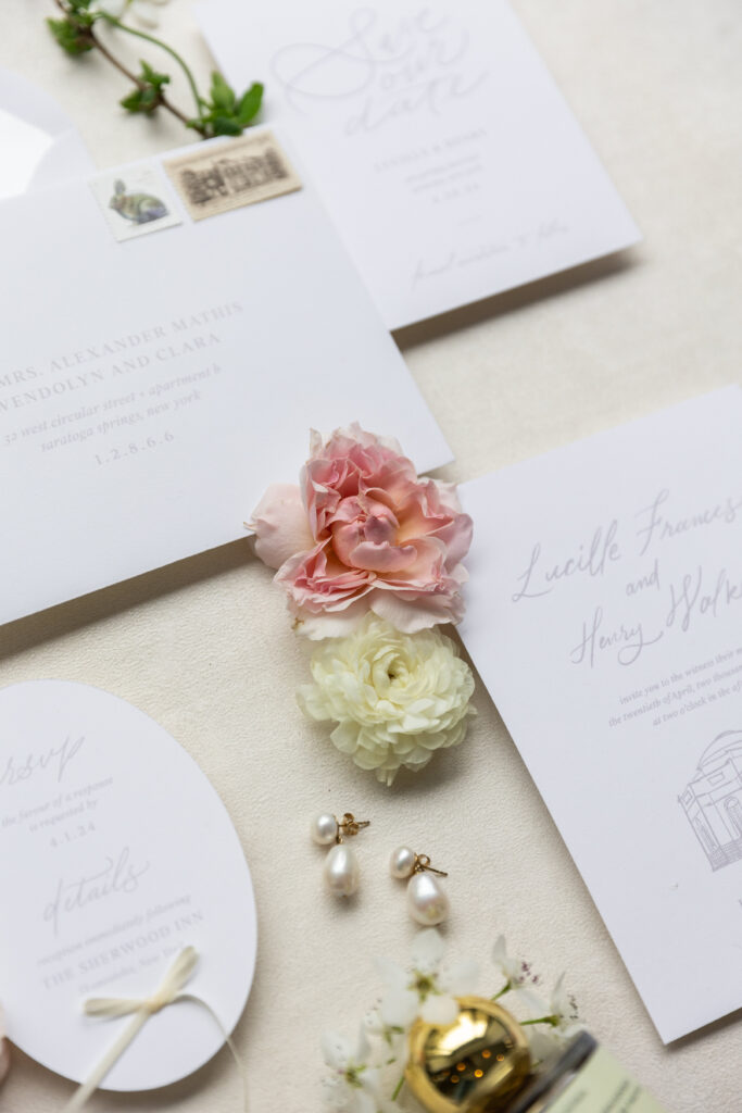 Bridal florals, details and stationary at a spring wedding in Upstate New York.